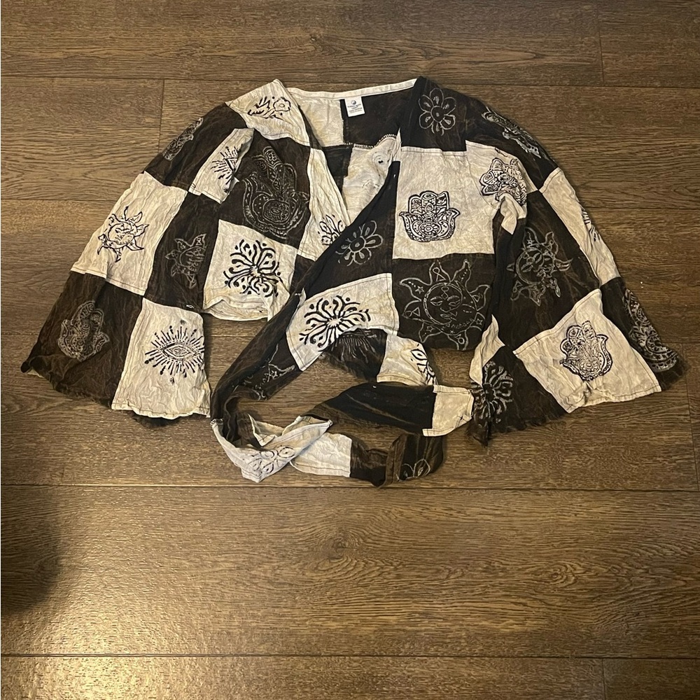 Boho Black and Cream Patchwork Top - image 1